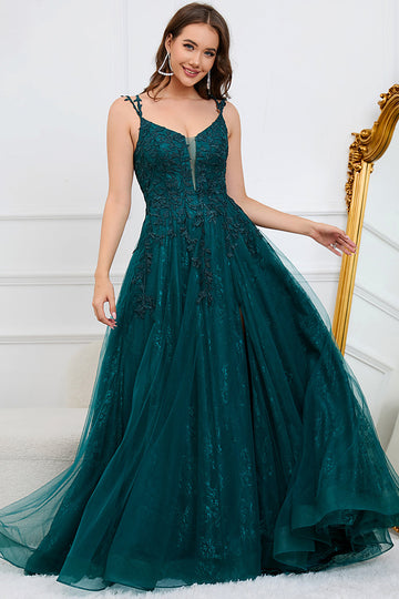 A Line Spaghetti Straps Dark Green Long Ball Dress with Appliques